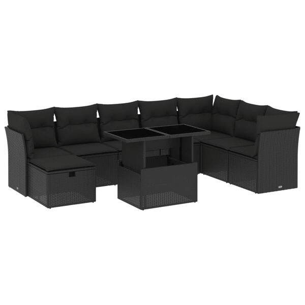 vidaXL Salon de jardin 9 pcs avec coussins noir r&eacute;sine tress&eacute;e
