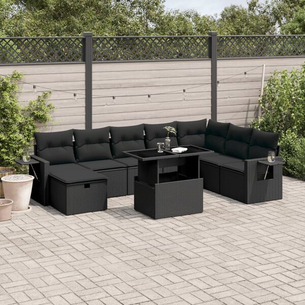 vidaXL Salon de jardin 9 pcs avec coussins noir résine tressée