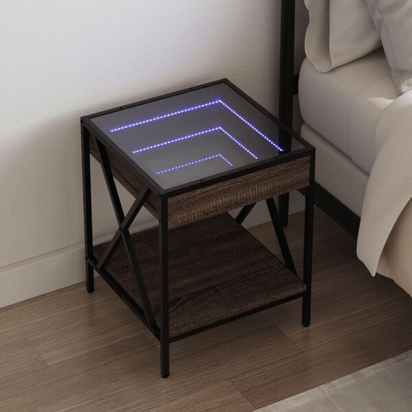 vidaXL Table de chevet avec LED infini ch&ecirc;ne marron 40x40x49 cm