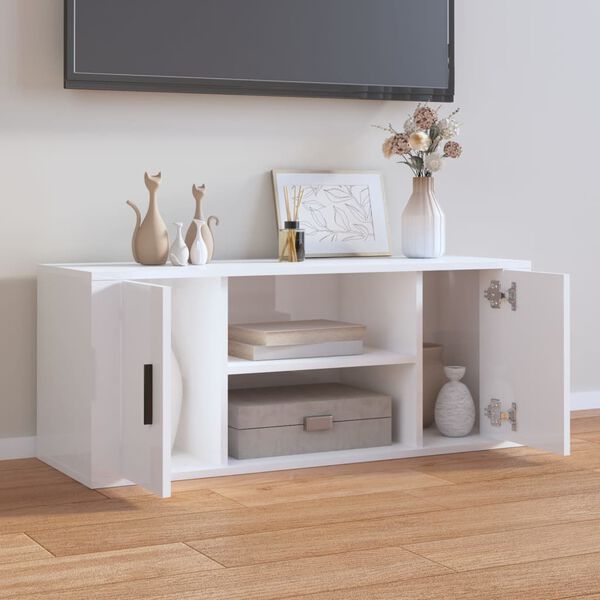vidaXL Meuble TV Blanc brillant 100x35x40 cm Bois d'ing&eacute;nierie
