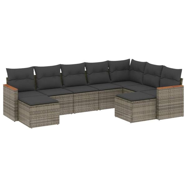 vidaXL Salon de jardin 9 pcs avec coussins gris résine tressée