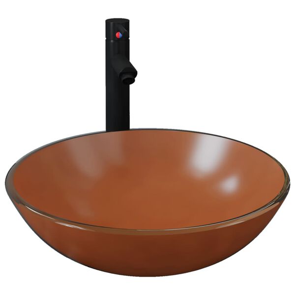 vidaXL Lavabo de bain avec robinet et drain &agrave; poussoir Verre tremp&eacute;