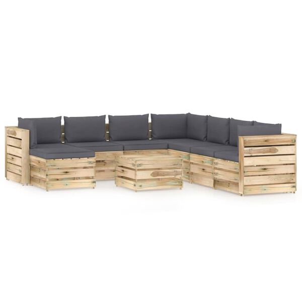 vidaXL Salon de jardin 9 pcs avec coussins Bois impr&eacute;gn&eacute; de vert