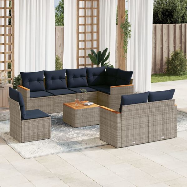 vidaXL Salon de jardin 9 pcs avec coussins gris résine tressée