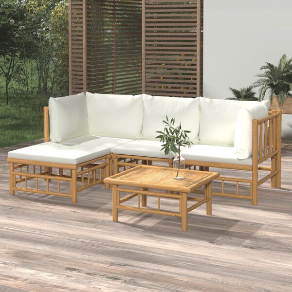 vidaXL Salon de jardin 5 pcs avec coussins blanc crème bambou
