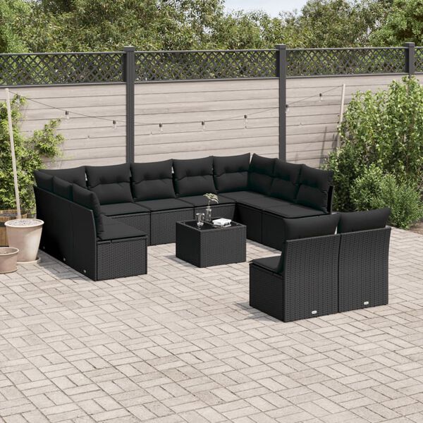 vidaXL Salon de jardin 12 pcs avec coussins noir r&eacute;sine tress&eacute;e