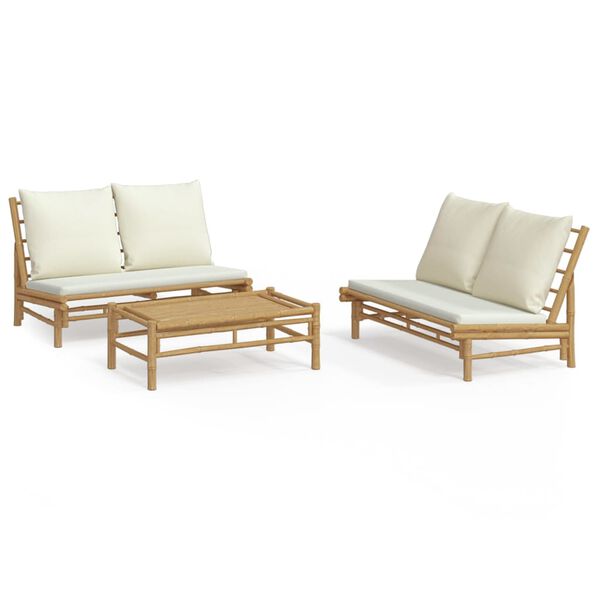 vidaXL Salon de jardin 3 pcs avec coussins blanc cr&egrave;me bambou
