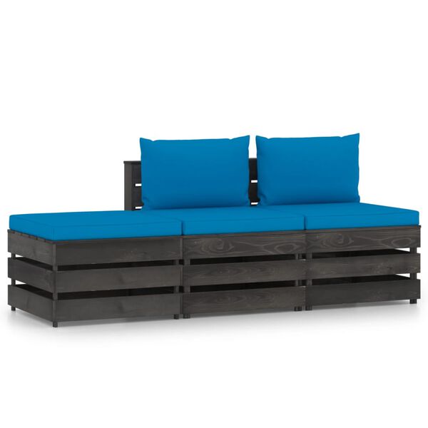 vidaXL Salon de jardin 3 pcs avec coussins Bois impr&eacute;gn&eacute; de gris