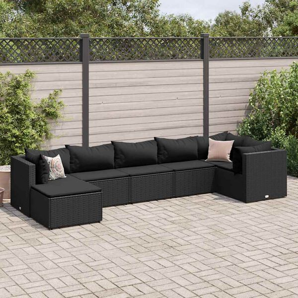 vidaXL Salon de jardin 7 pcs avec coussins Noir R&eacute;sine tress&eacute;e