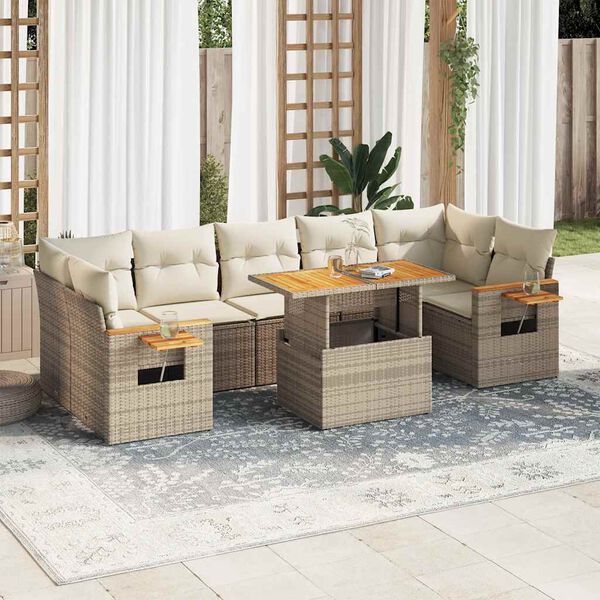 vidaXL Salon de jardin avec coussins 8 pcs beige r&eacute;sine tress&eacute;e acacia