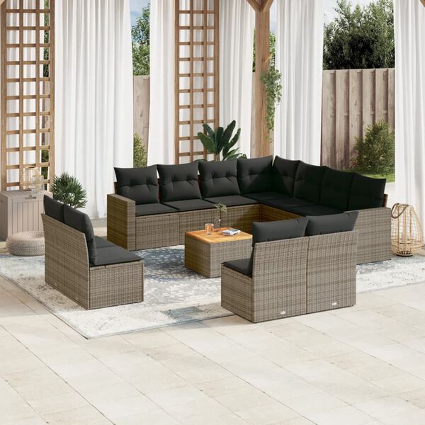 vidaXL Salon de jardin avec coussins 12 pcs gris r&eacute;sine tress&eacute;e
