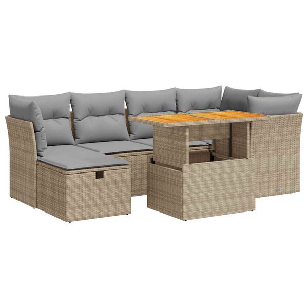 vidaXL Salon de jardin avec coussins 7 pcs beige r&eacute;sine tress&eacute;e acacia