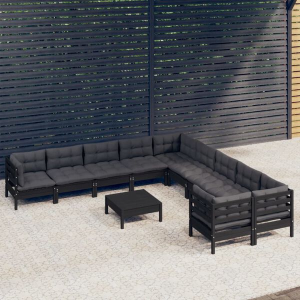 vidaXL Salon de jardin 11 pcs avec coussins Noir Bois de pin