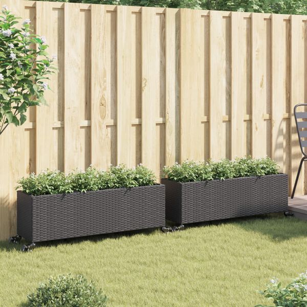 vidaXL Jardini&egrave;res et roulettes 2 pcs noir 107x32x38 cm r&eacute;sine tress&eacute;e