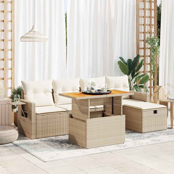 vidaXL Salon de jardin 6 pcs avec coussins beige r&eacute;sine tress&eacute;e acacia