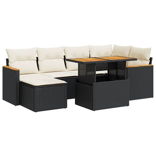vidaXL Salon de jardin avec coussins 7 pcs noir r&eacute;sine tress&eacute;e acacia