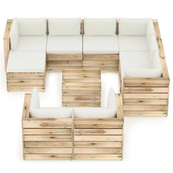 vidaXL Salon de jardin 10 pcs avec coussins vert bois impr&eacute;gn&eacute;