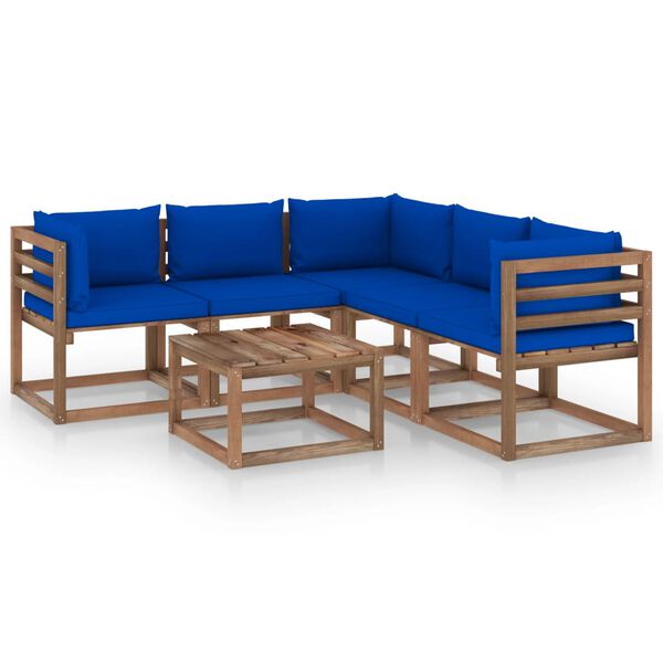 vidaXL Salon de jardin 6 pcs avec coussins bleu Bois de pin impr&eacute;gn&eacute;