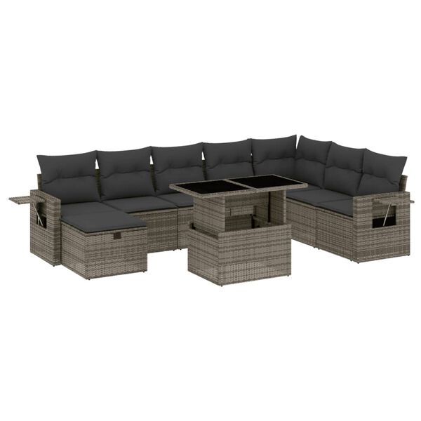 vidaXL Salon de jardin 9 pcs avec coussins gris r&eacute;sine tress&eacute;e
