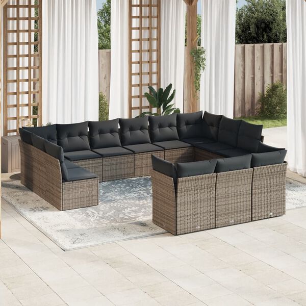 vidaXL Salon de jardin avec coussins 13 pcs gris r&eacute;sine tress&eacute;e