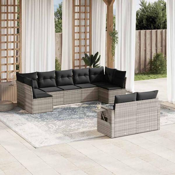 vidaXL Salon de jardin 9 pcs avec coussins gris clair r&eacute;sine tress&eacute;e