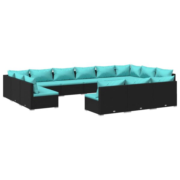 vidaXL Salon de jardin 13 pcs avec coussins Noir R&eacute;sine tress&eacute;e