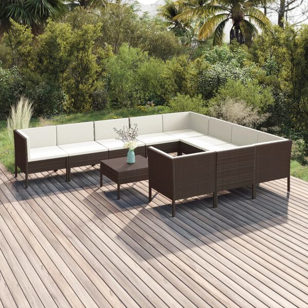 vidaXL Salon de jardin 11 pcs avec coussins R&eacute;sine tress&eacute;e Marron