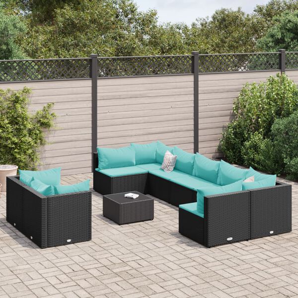 vidaXL Salon de jardin 10 pcs avec coussins noir résine tressée