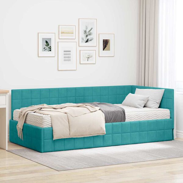 vidaXL Cadre de lit d'angle avec matelas 2 pcs Turquoise Velours