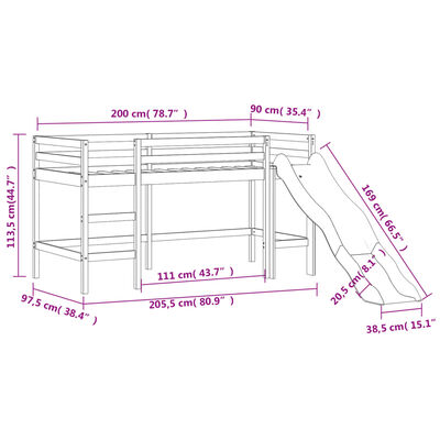 vidaXL Lit mezzanine d'enfants sans matelas avec toboggan 90x200 cm