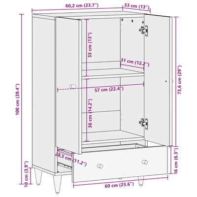 vidaXL Buffet 60x33x100 cm bois de manguier massif