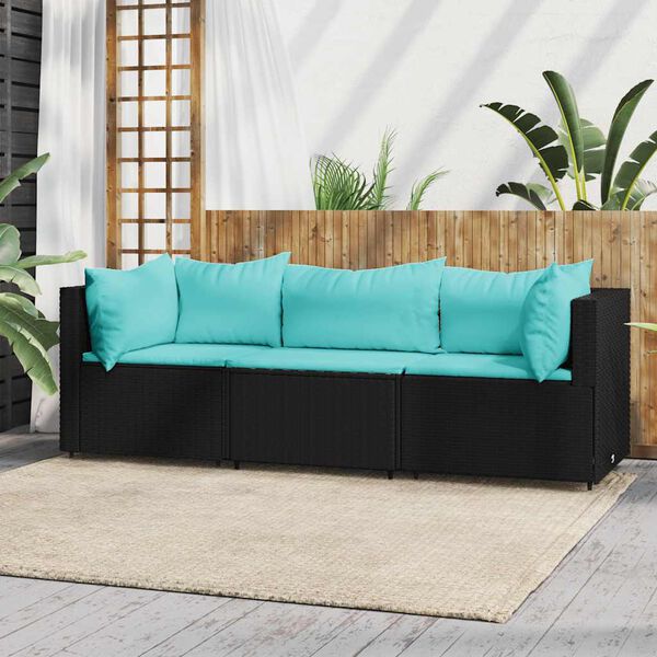 vidaXL Salon de jardin 3 pcs avec coussins Noir R&eacute;sine tress&eacute;e