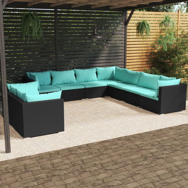 vidaXL Salon de jardin 9 pcs avec coussins Noir R&eacute;sine tress&eacute;e