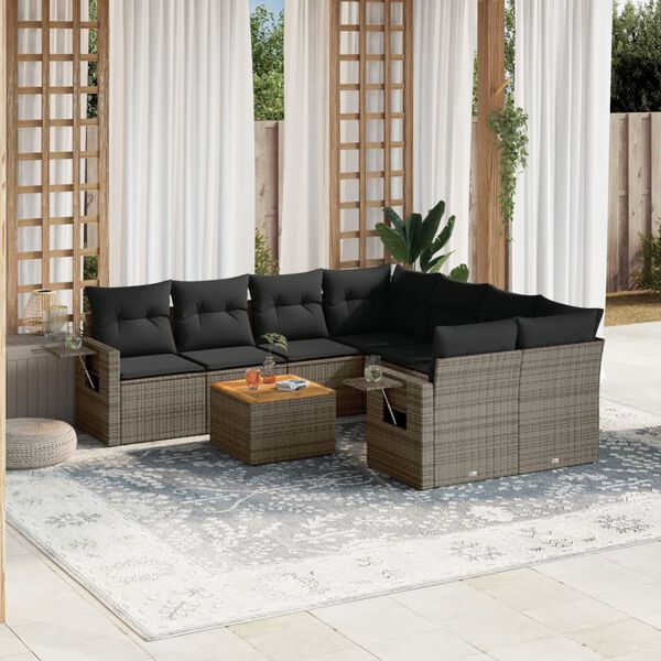 vidaXL Salon de jardin 9 pcs avec coussins gris r&eacute;sine tress&eacute;e