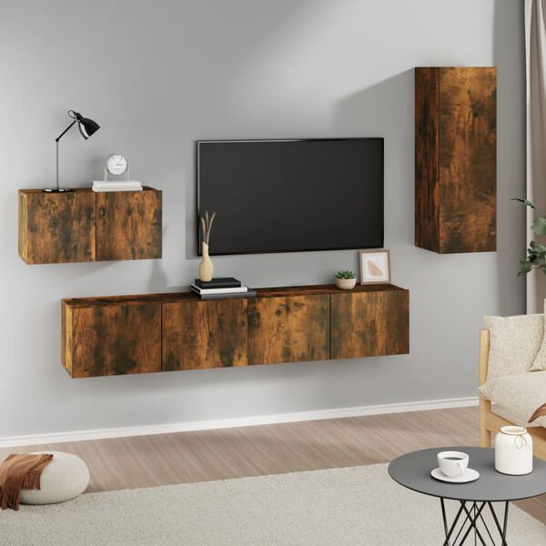 vidaXL Ensemble de meubles TV 4 pcs Ch&ecirc;ne fum&eacute; Bois d'ing&eacute;nierie