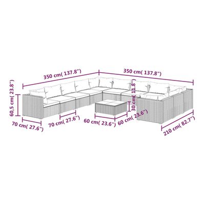 vidaXL Salon de jardin 12 pcs avec coussins Résine tressée Marron