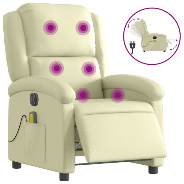 vidaXL Fauteuil de massage inclinable &eacute;lectrique cr&egrave;me cuir v&eacute;ritable