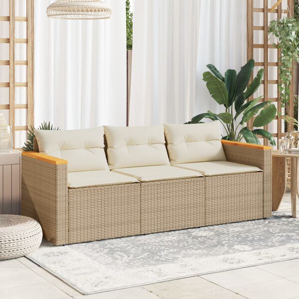 vidaXL Canap&eacute; de jardin avec coussins 3 places beige r&eacute;sine tress&eacute;e