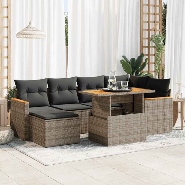 vidaXL Salon de jardin avec coussins 7 pcs gris résine tressée acacia