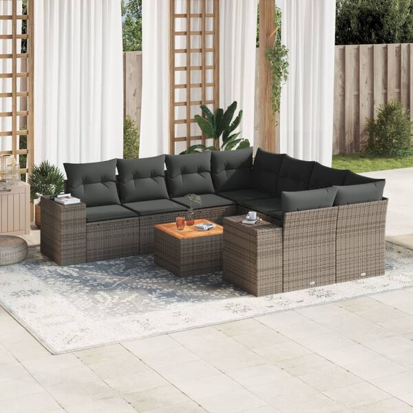 vidaXL Salon de jardin 9 pcs avec coussins gris r&eacute;sine tress&eacute;e