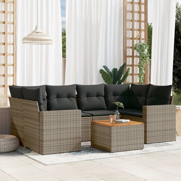 vidaXL Salon de jardin avec coussins 7 pcs gris r&eacute;sine tress&eacute;e