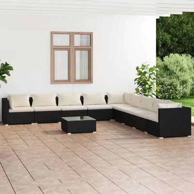 vidaXL Salon de jardin 10 pcs avec coussins Résine tressée Noir