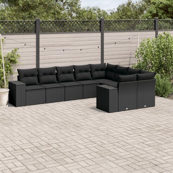vidaXL Salon de jardin 9 pcs avec coussins noir résine tressée