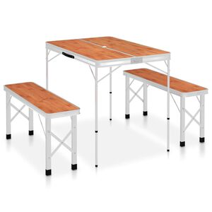 vidaXL Table de camping pliable avec 2 bancs Aluminium Marron