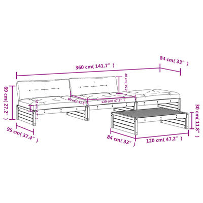 vidaXL Salon de jardin 4 pcs avec coussins noir bois massif