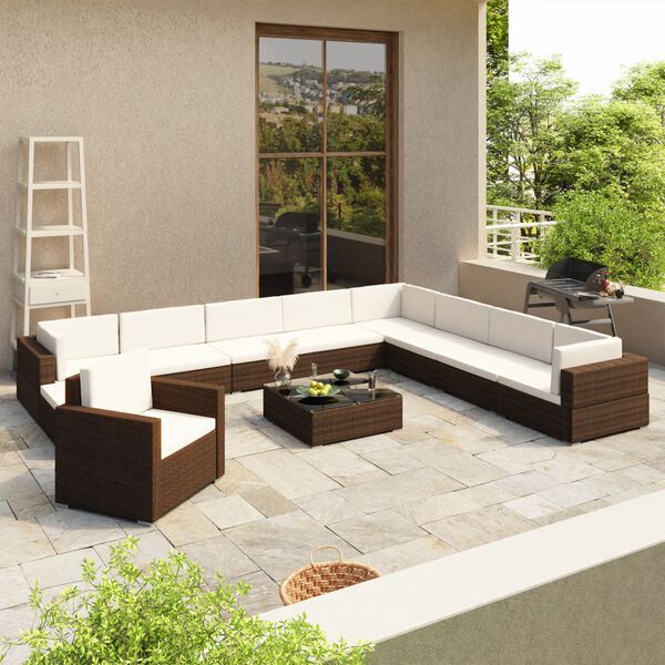 vidaXL Salon de jardin 12 pcs avec coussins Résine tressée Marron