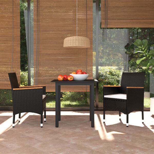 vidaXL Ensemble &agrave; d&icirc;ner de jardin avec coussins 3 pcs poly rotin noir