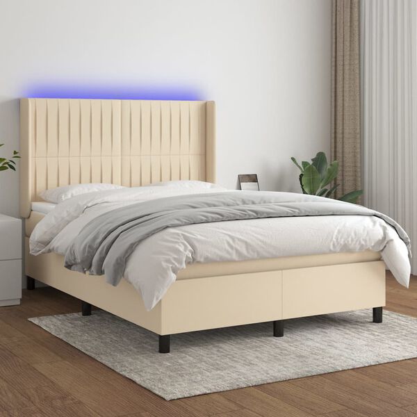 vidaXL Sommier &agrave; lattes de lit matelas et LED Cr&egrave;me 140x200 cm Tissu