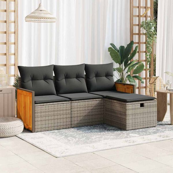 vidaXL Salon de jardin 4 pcs avec coussins gris r&eacute;sine tress&eacute;e