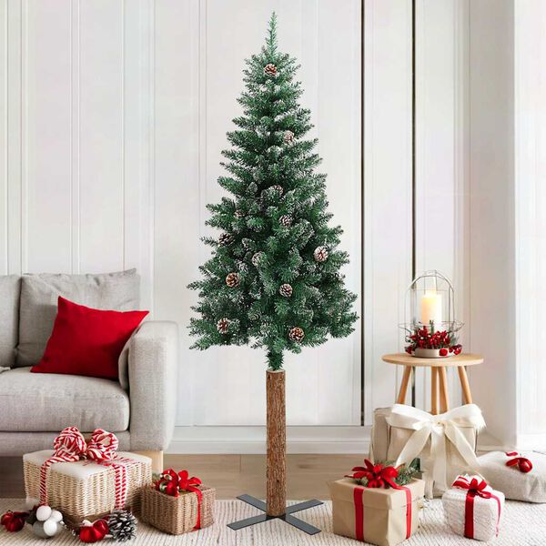 vidaXL Sapin de Noël mince bois véritable et neige blanche vert 180 cm